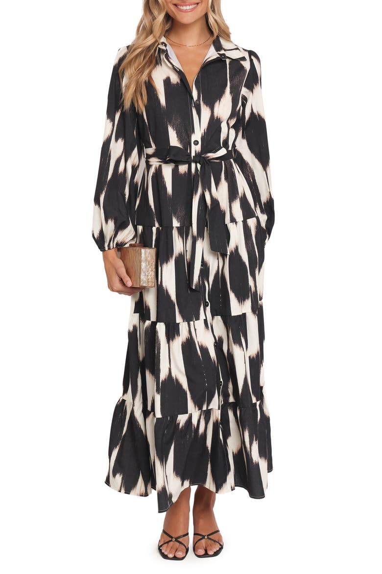 Lincoln Print Tie Waist Long Sleeve Maxi Shirtdress, Main, color, BLACK PRINT