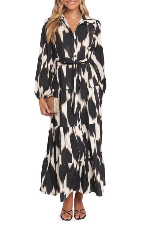 Lincoln Print Tie Waist Long Sleeve Maxi Shirtdress