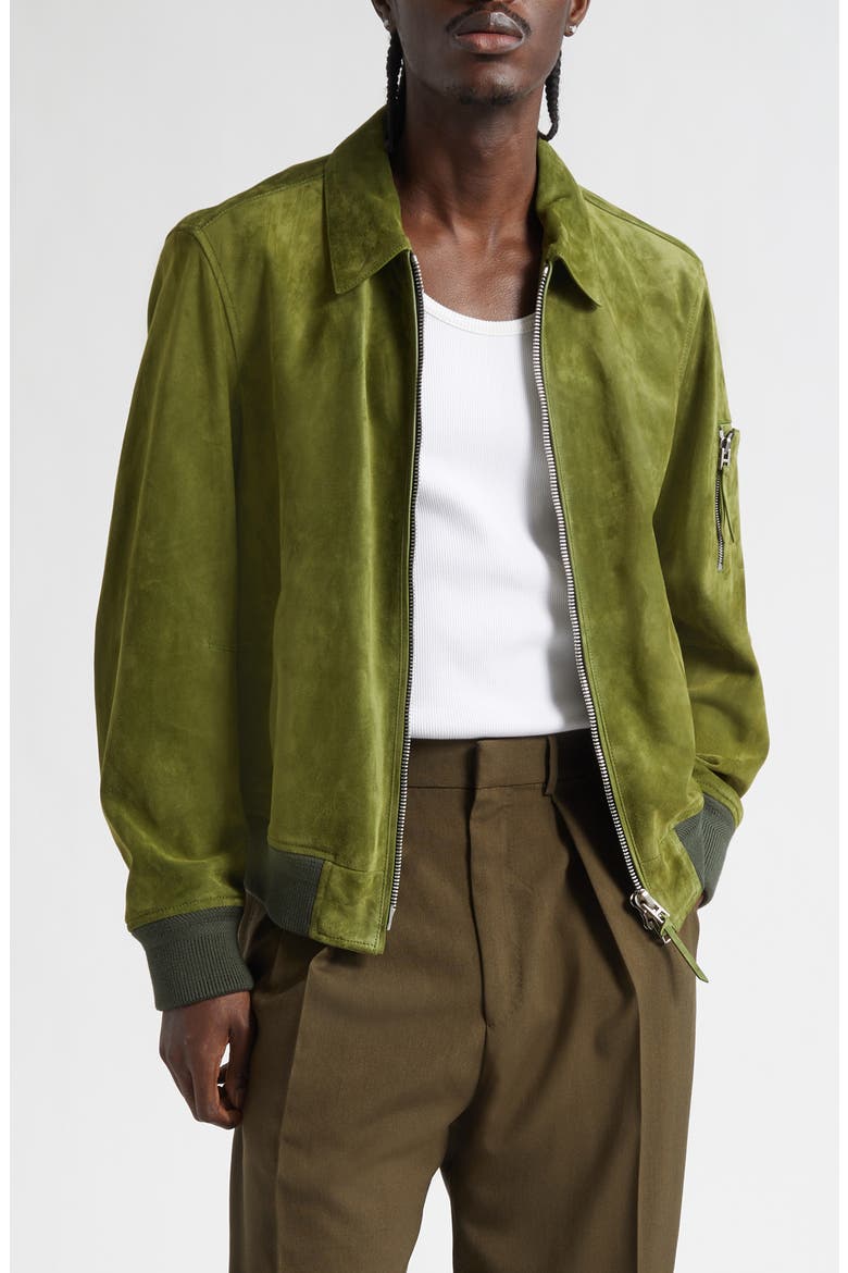 Collared Suede Bomber Jacket, Main, color, OLIVE
