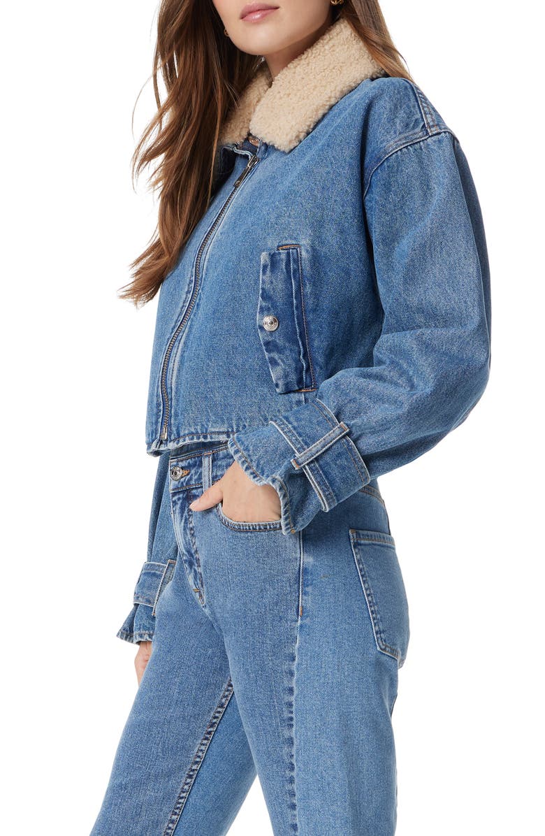 Sam Edelman Mesa High-Pile Fleece Collar Zip-Up Crop Denim Moto Jacket, Alternate, color, 