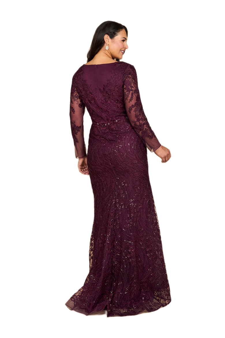 Long Sleeve Gown with Overskirt & Illusion Neckline, Alternate, color, Wine