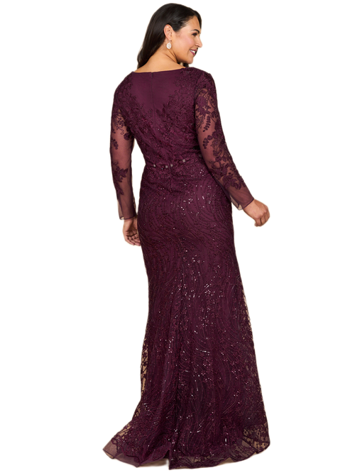 Lara New York Long Sleeve Gown With Overskirt & Illusion Neckline In Burgundy