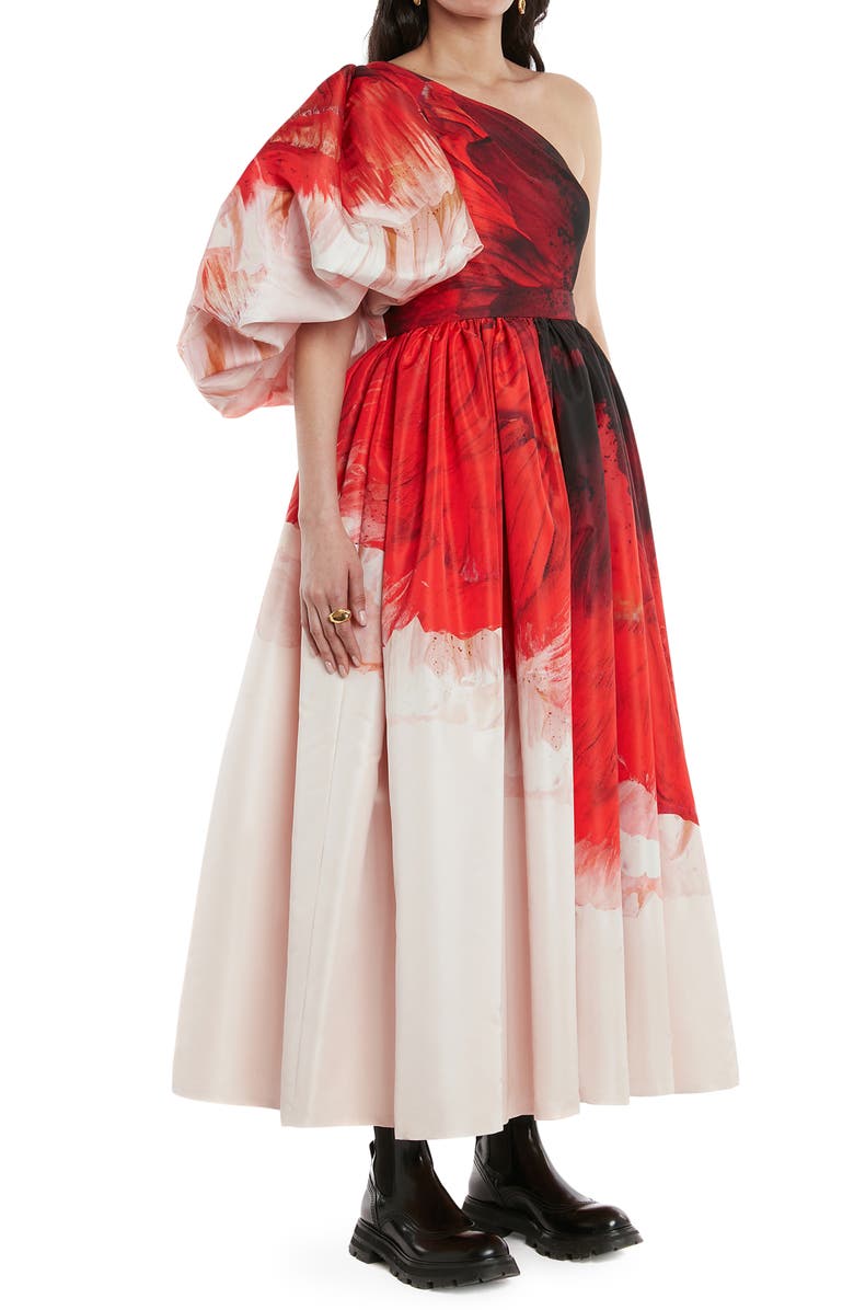 McQueen Alexander McQueen Anemone Print One-Shoulder Puff Sleeve Faille Dress, Alternate, color,