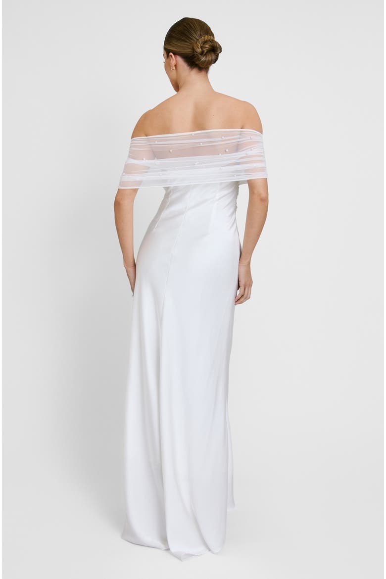 Bardot Detail Beaded Satin Midaxi Dress, Alternate, color, White