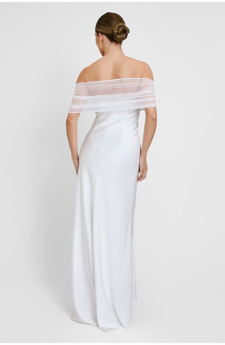 Six Stories Bardot Detail Beaded Satin Midaxi Dress, Alternate, color, White