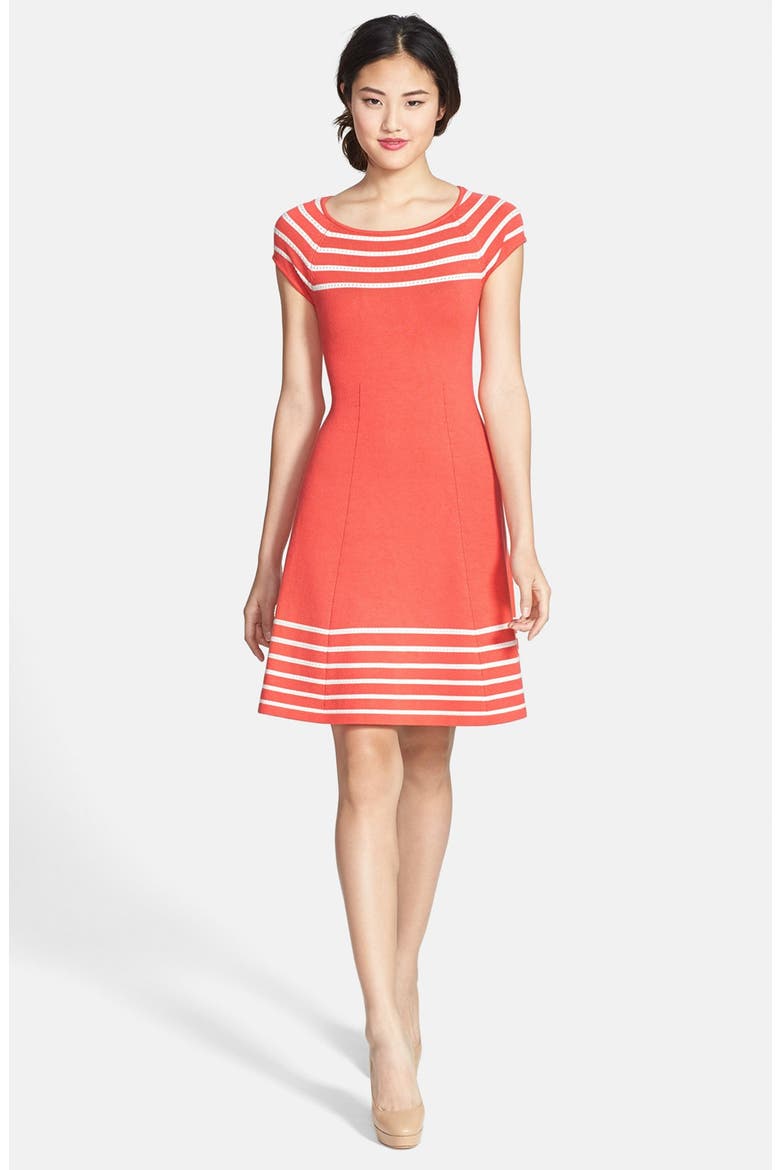 Stripe Knit Flared Dress, Alternate, color, CORAL/ IVORY