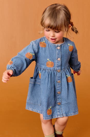 Kids' Pumpkin Embroidered Long Sleeve Denim Dress