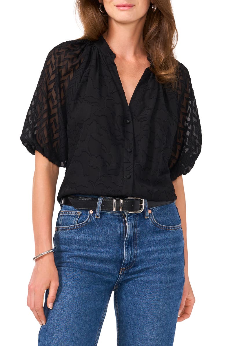 Vince Camuto Raglan Sleeve Mixed Jacquard Button-Up Shirt, Main, color, Rich Black