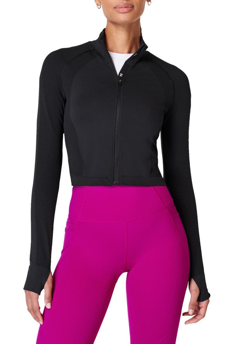 Athlete Seamless Front Zip Jacket, Main, color, BLACK