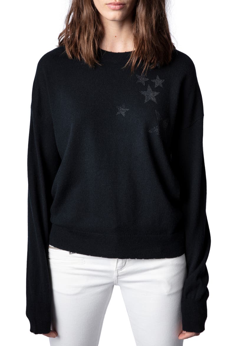 Gaby Strass Stars Wool & Cashmere Sweater, Main, color, NOIR