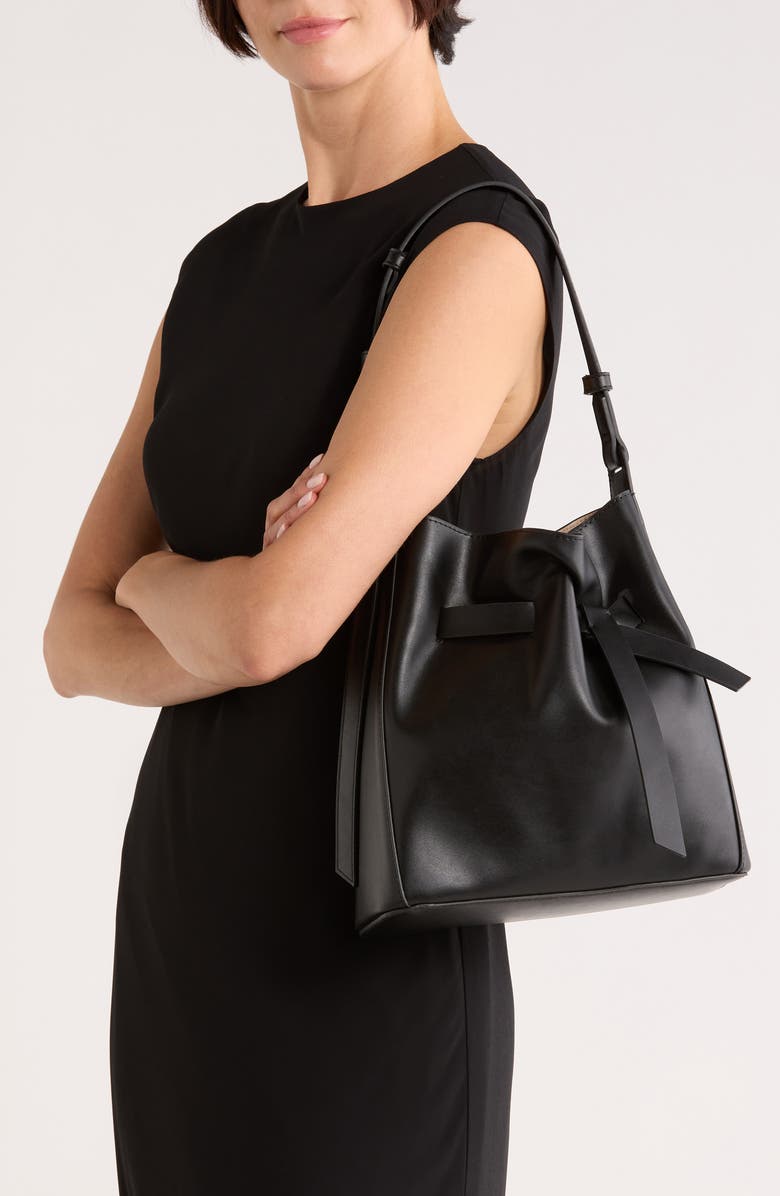 BCBG Knotted Faux Leather Bucket Bag, Alternate, color, Black