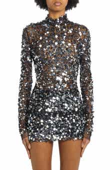 TOM FORD Sequin Embellished Mesh Mock Neck Top