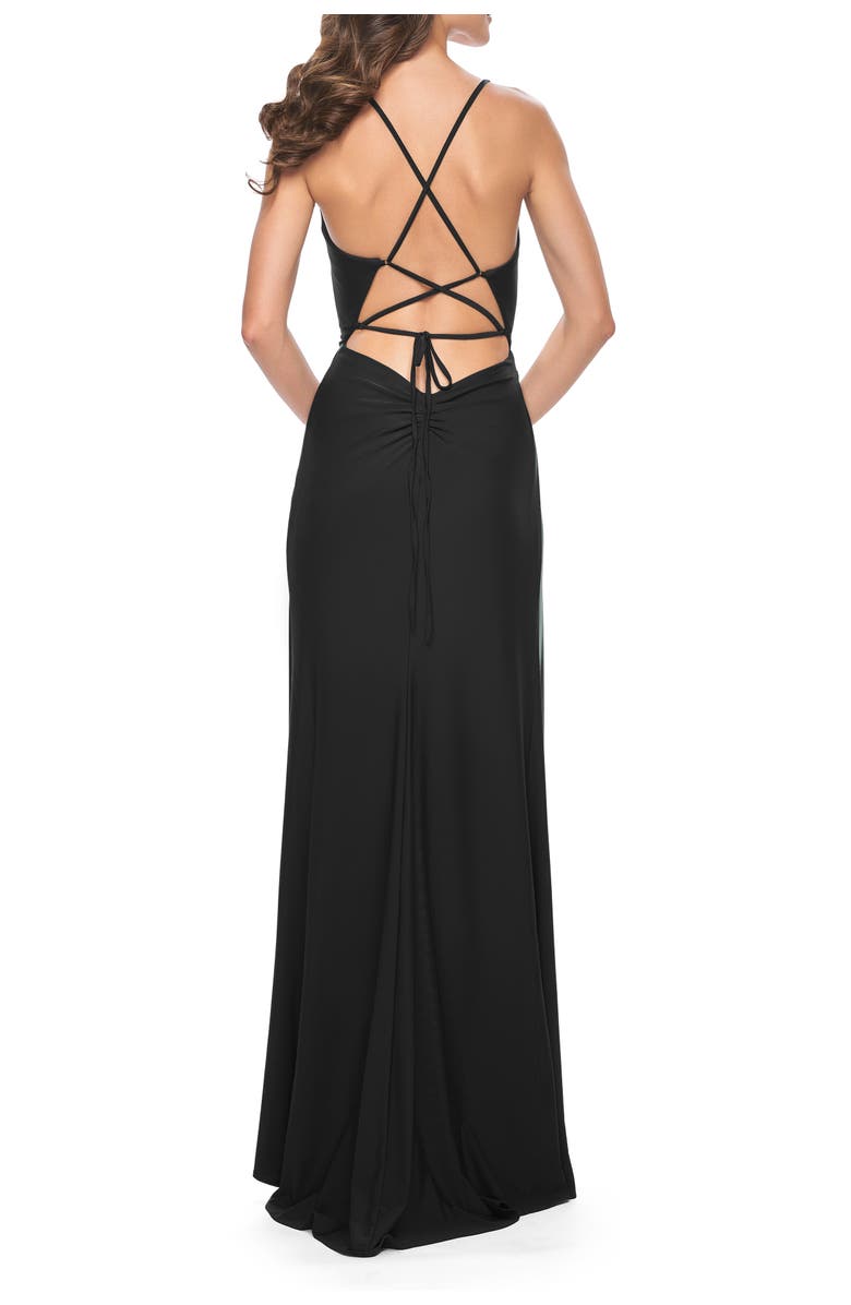 La Femme Simple Jersey Dress with Ruching and Slit, Alternate, color, Black