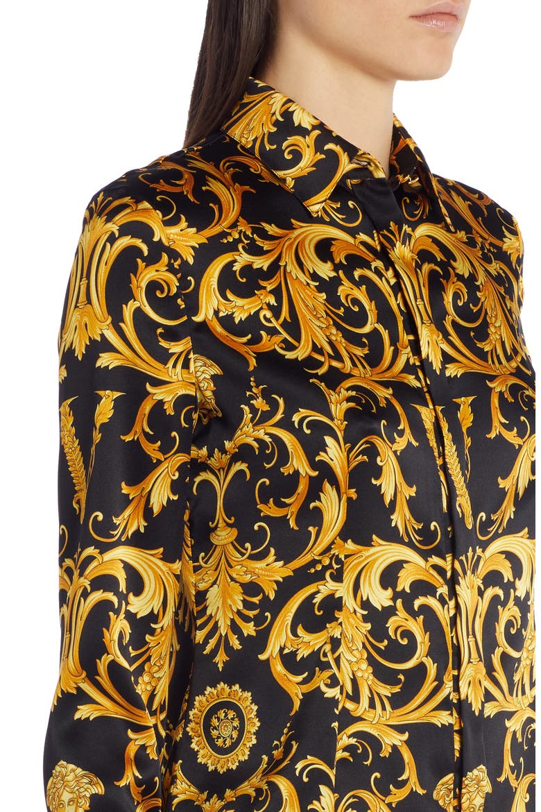 V-Barocco Print Stretch Silk Blouse, Alternate, color, BLACK/GOLD