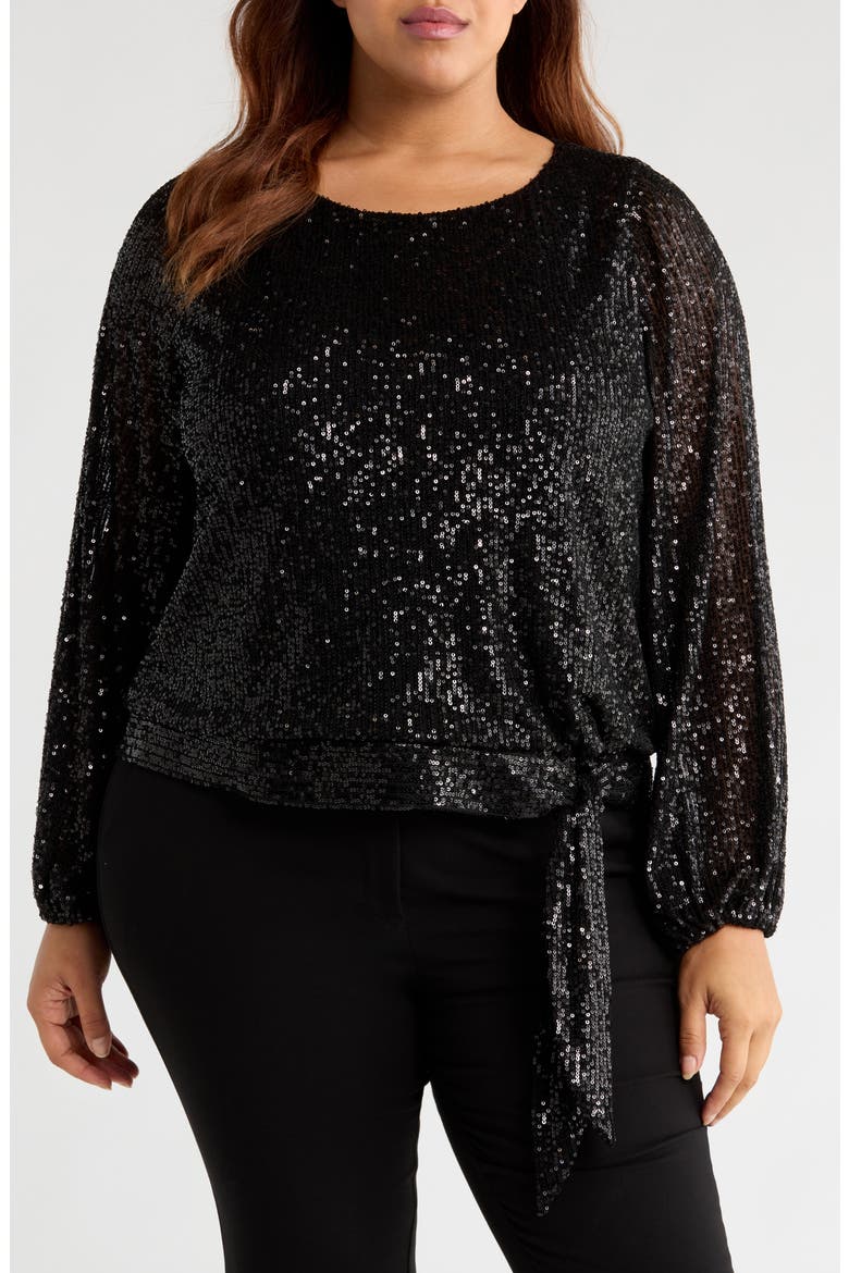 Sequin Tie Hem Top, Main, color, BLACK