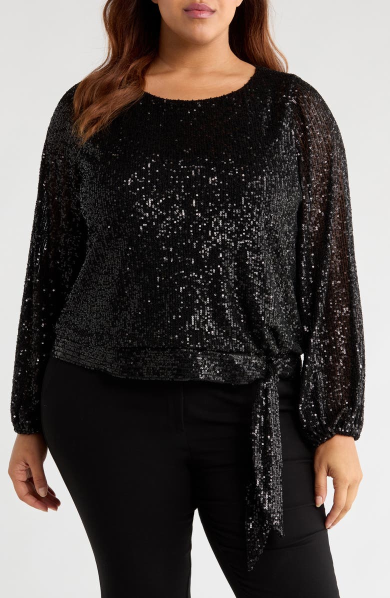 Tahari ASL Sequin Tie Hem Top, Main, color, Black