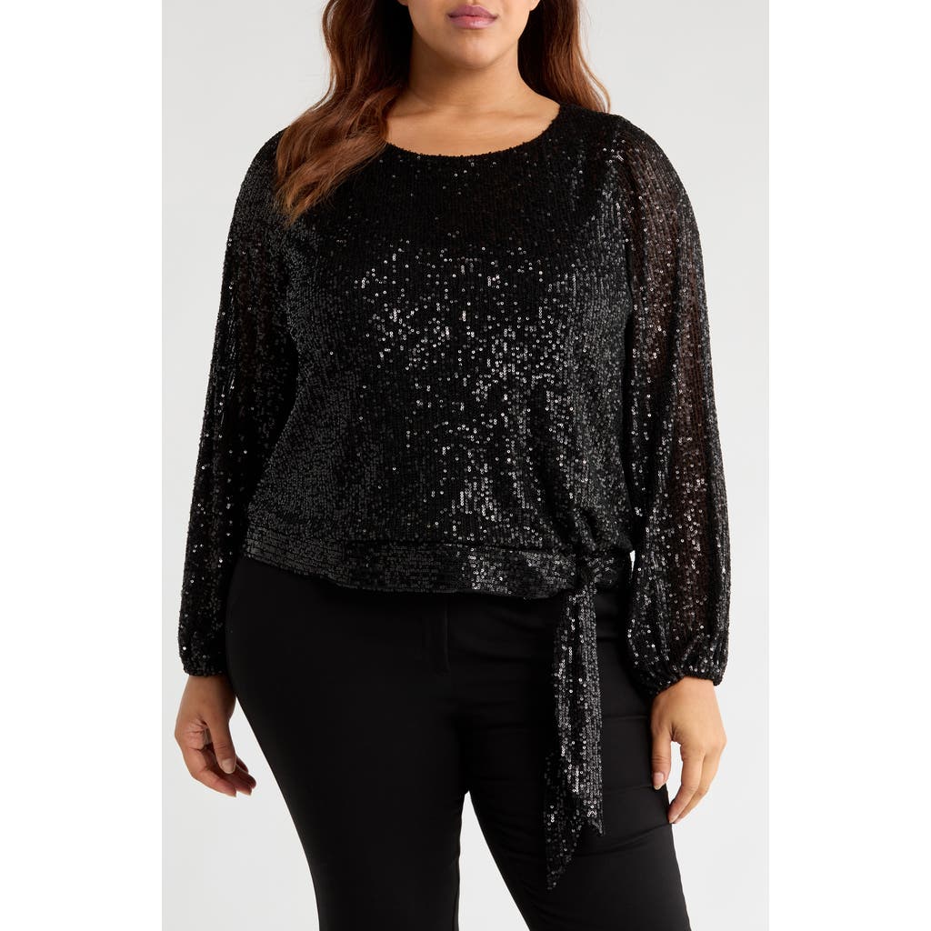 Tahari Asl Sequin Tie Hem Top In Black