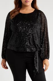 Tahari ASL Sequin Tie Hem Top