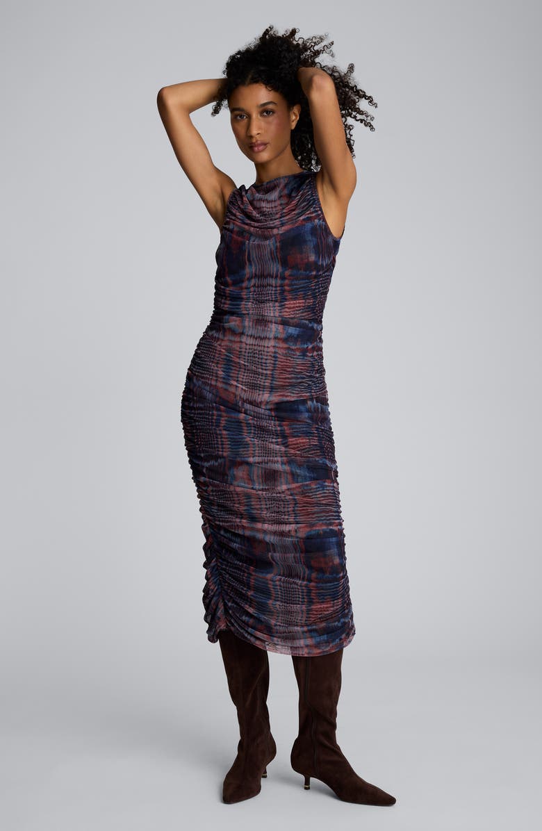 Kenneth Cole Abstract Print Ruched Mesh Midi Dress, Alternate, color, 