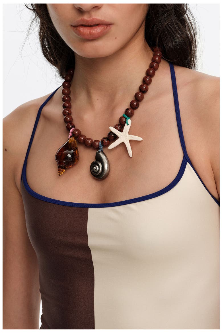 Aged Necklace With Stones And Seashells, Alternate, color, BROWN