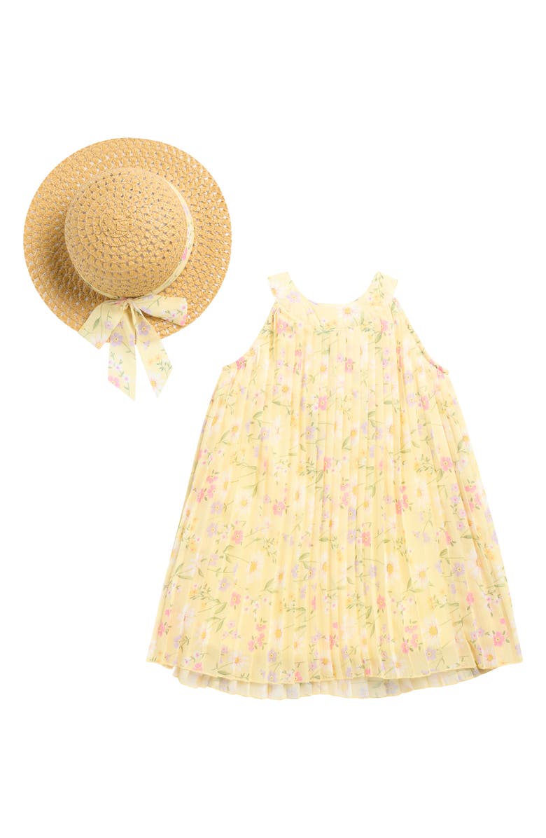 BLUEBERRY Kids' Floral Pleated Chiffon Dress & Hat Set, Main, color, Yellow Multi