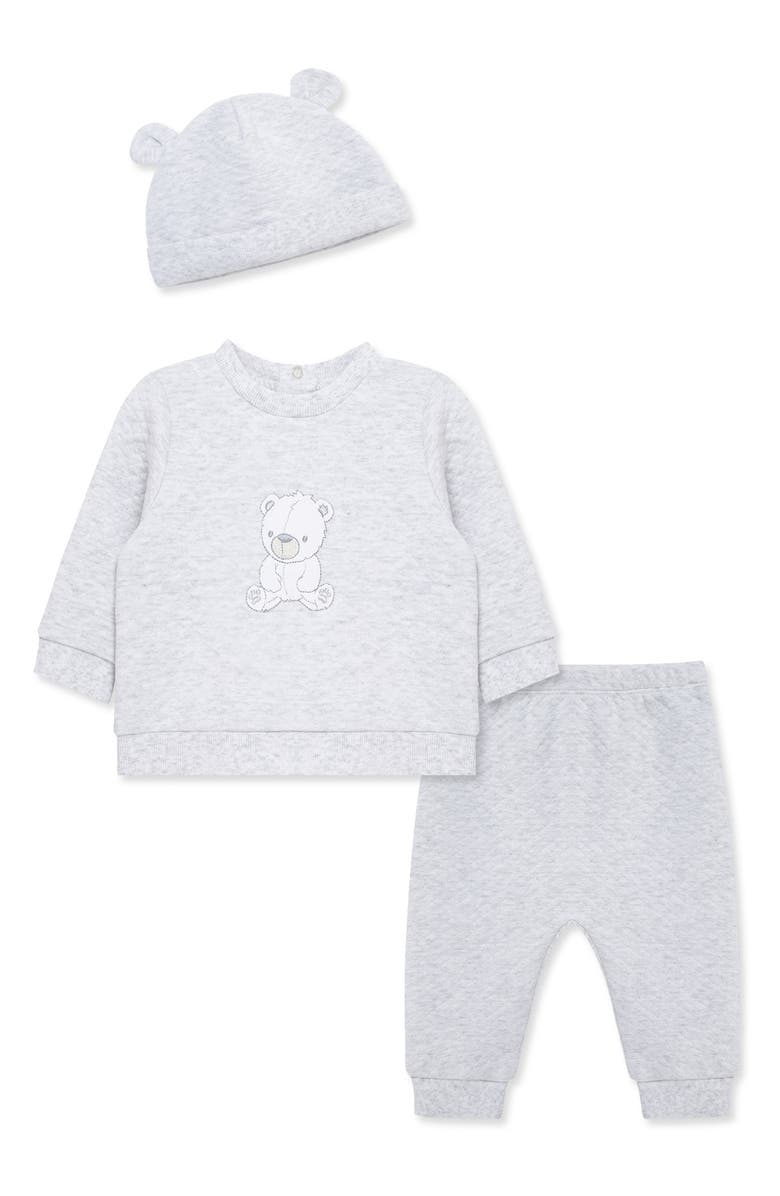 Little Me Bear Sweatshirt, Joggers & Hat Set, Main, color, Grey