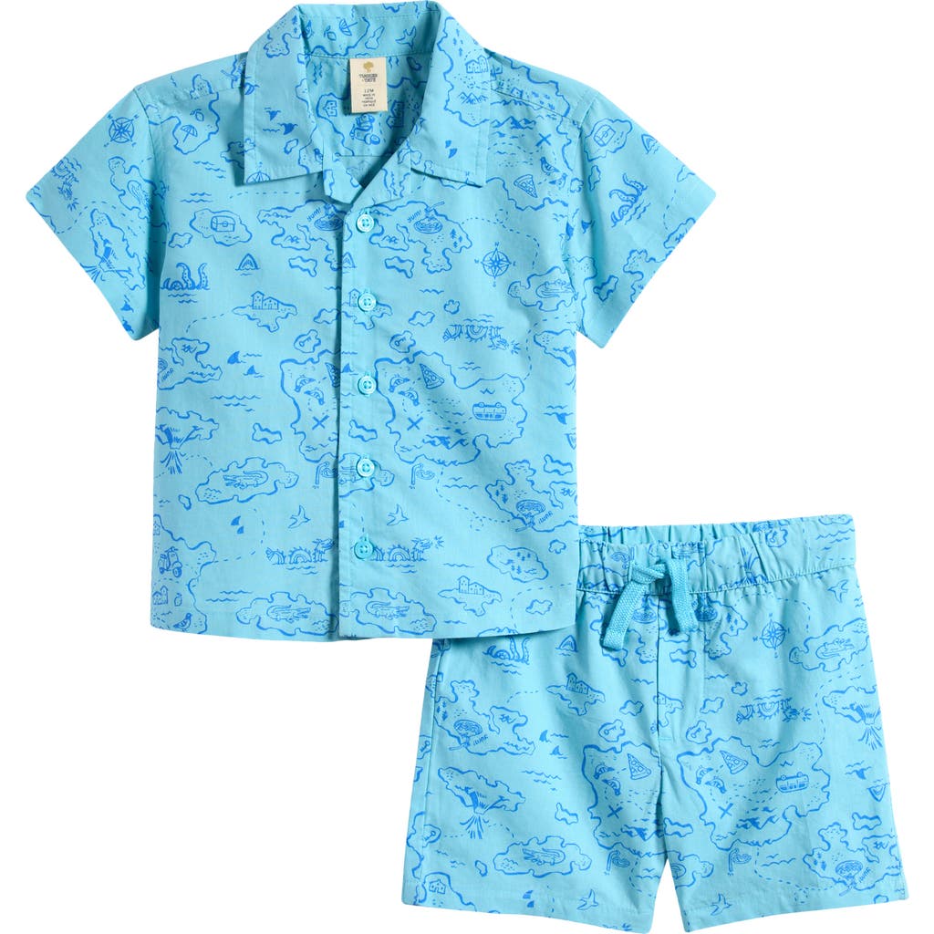 Tucker + Tate Patterned Cotton Camp Shirt & Drawstring Shorts Set In Blue Cabana Travel Map