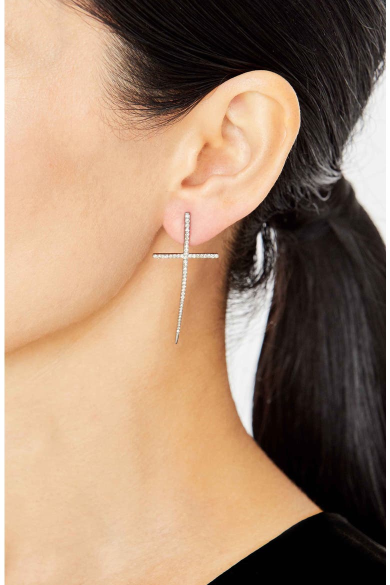 Diamond Dagger Cross Earrings, Alternate, color, STERLING SILVER
