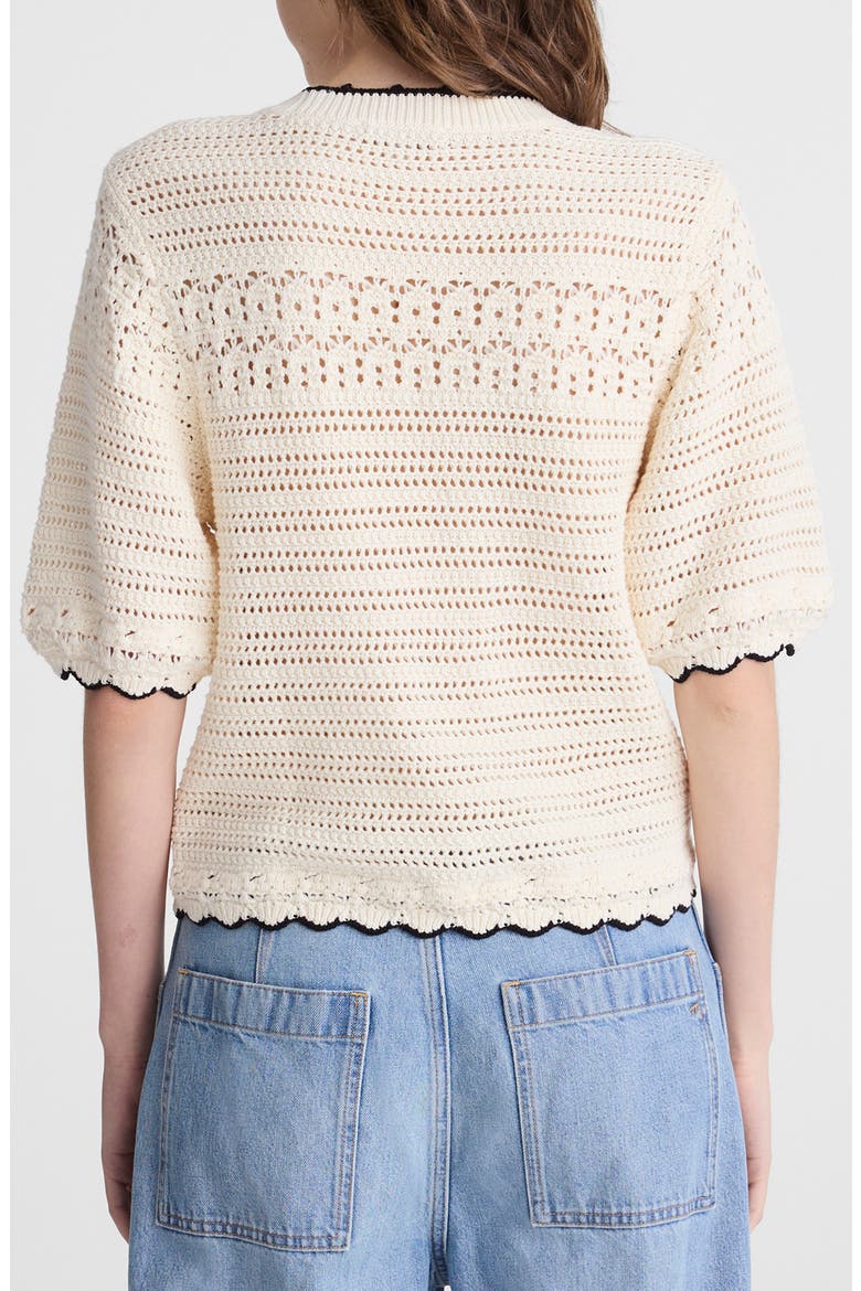 Puff-Sleeve Cotton Sweater T-Shirt, Alternate, color, IVORY WITH BLACK TIPPING