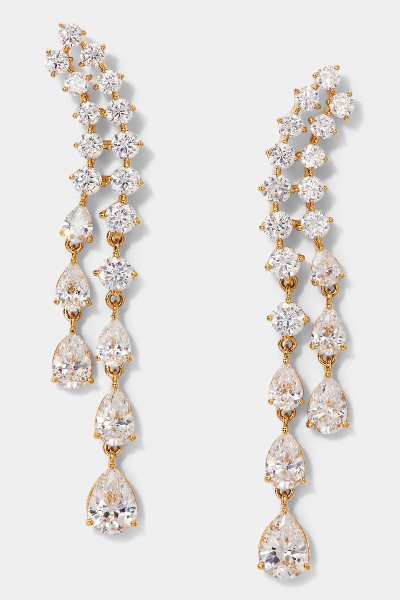 Willow CZ Double Drop Linear Post Climber Earrings, Main, color, Gold