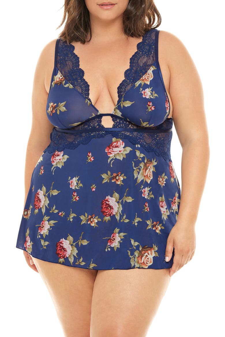 Naeva Floral Print Lace Trim Babydoll Chemise, Main, color, ESTATE BLUE SCATTERED ROS