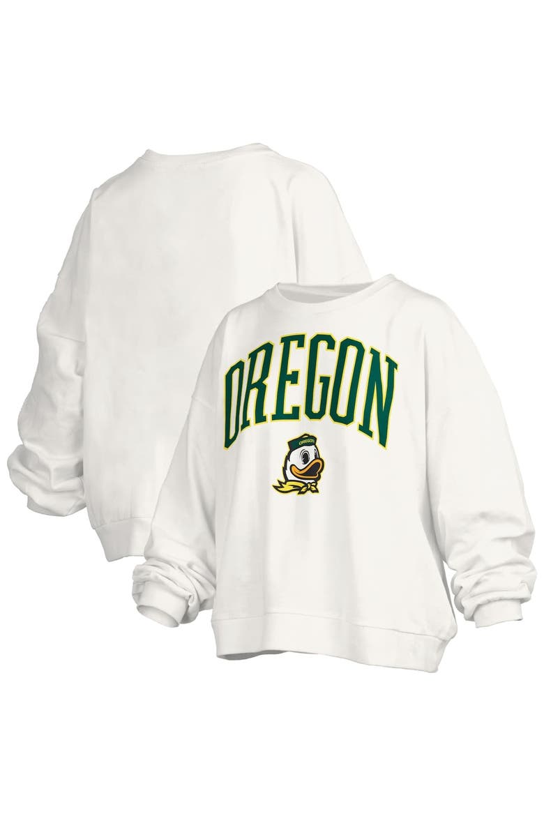 Women's Pressbox White Oregon Ducks Janise Arch Over Logo Waist Length Oversized Pullover Sweatshirt, Main, color, White