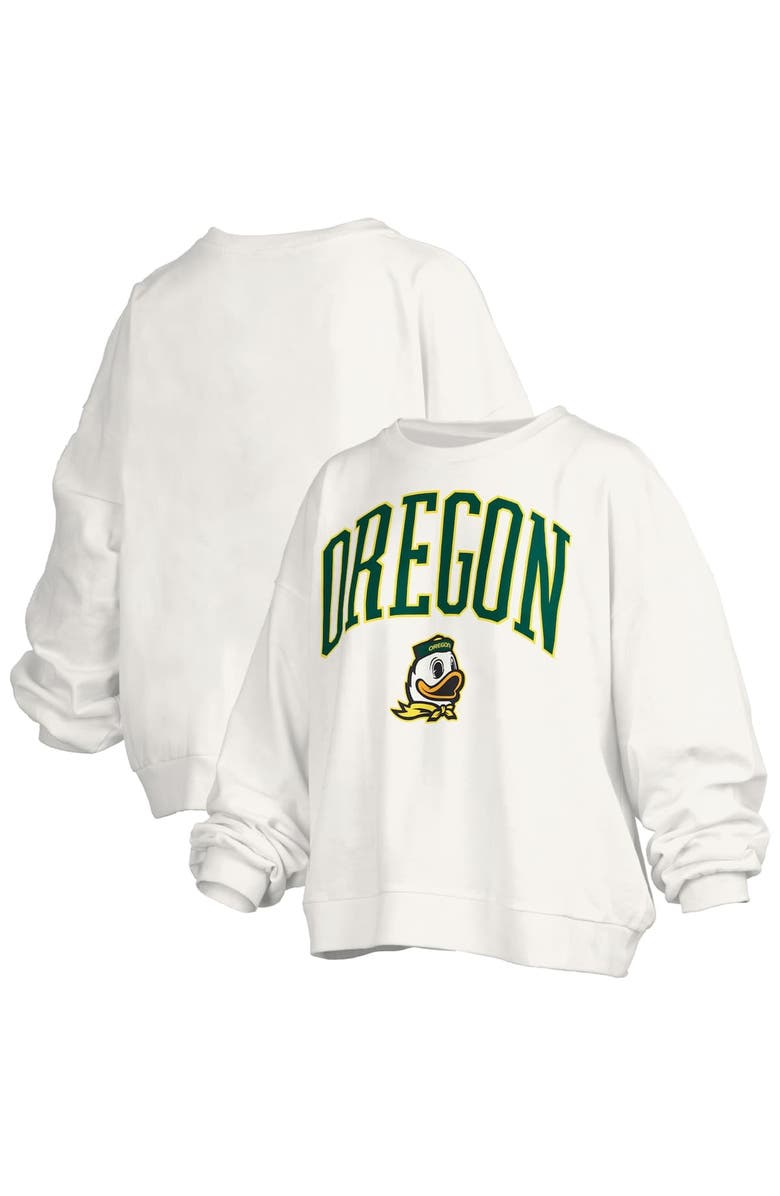 PRESSBOX Women's Pressbox White Oregon Ducks Janise Arch Over Logo Waist Length Oversized Pullover Sweatshirt, Main, color, White
