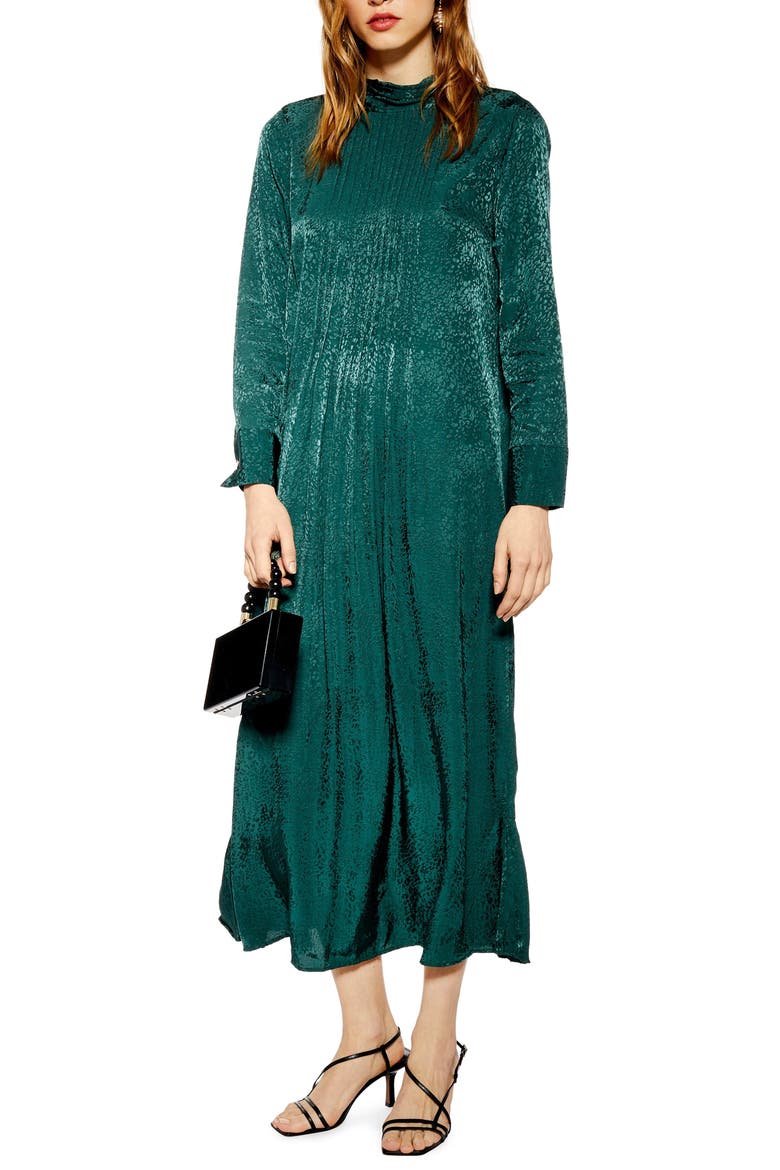 Jacquard Pintuck Satin Midi Dress, Alternate, color, FOREST