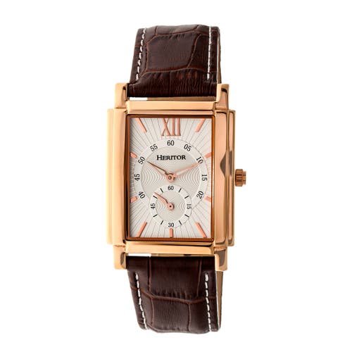 Heritor Automatic Men's Silver / Rose Gold Frederick Leather-band Watch With Seconds Sub-dial - Rose Gold, Silver In Rose Gold/silver