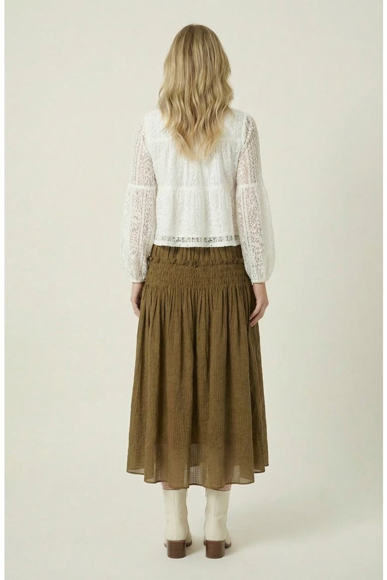 Smocked Tiered Ruffle-Trim Flowy Maxi Skirt, Alternate, color, Olive Green