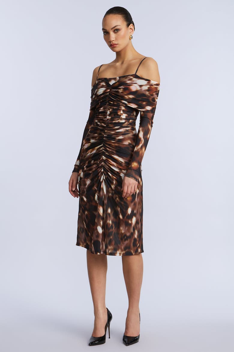 Jersey Off Shoulder Dress, Alternate, color, Leopard Desert Palm Print