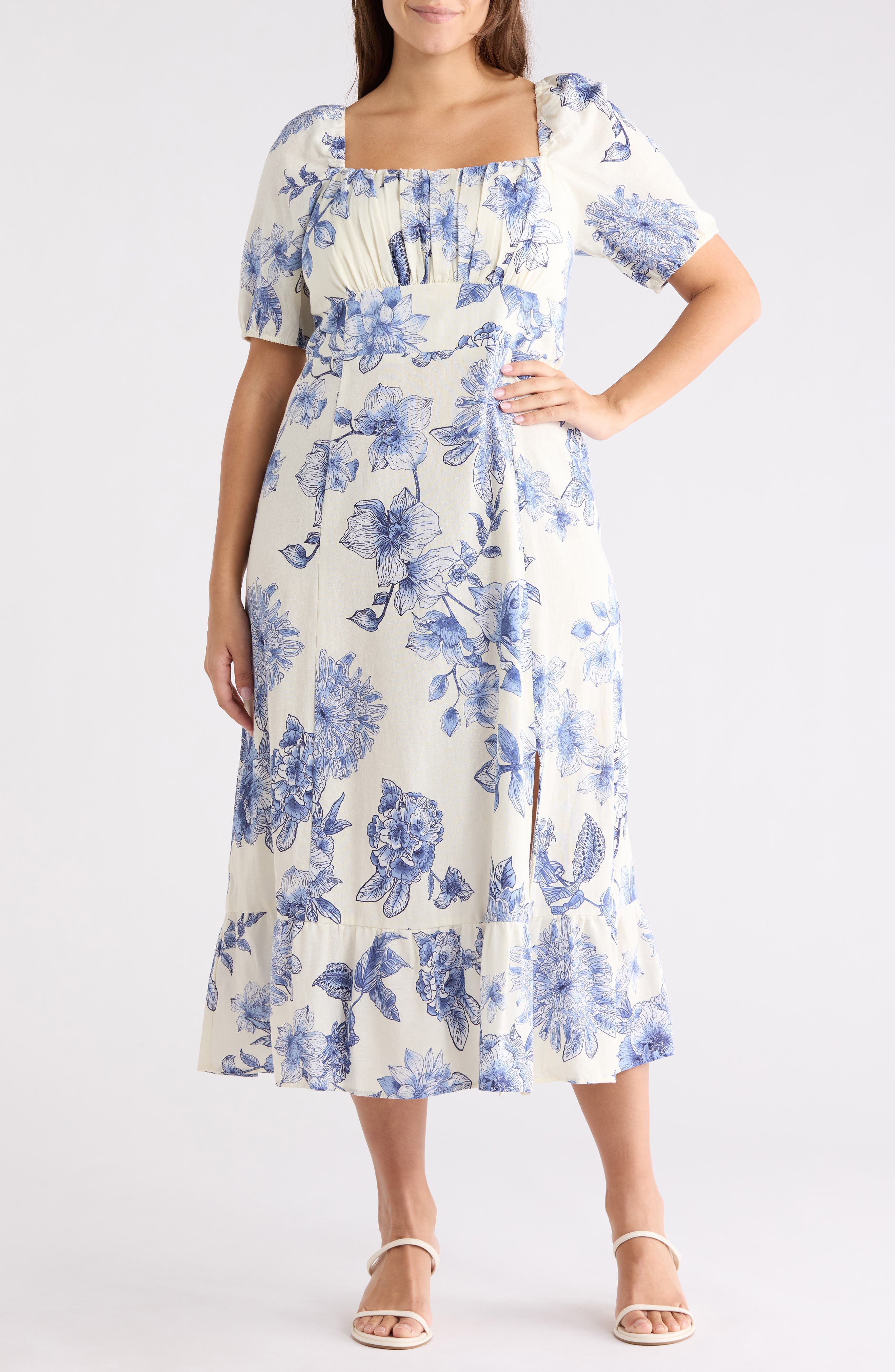 London Times Floral Puff Sleeve Linen Blend Midi Dress