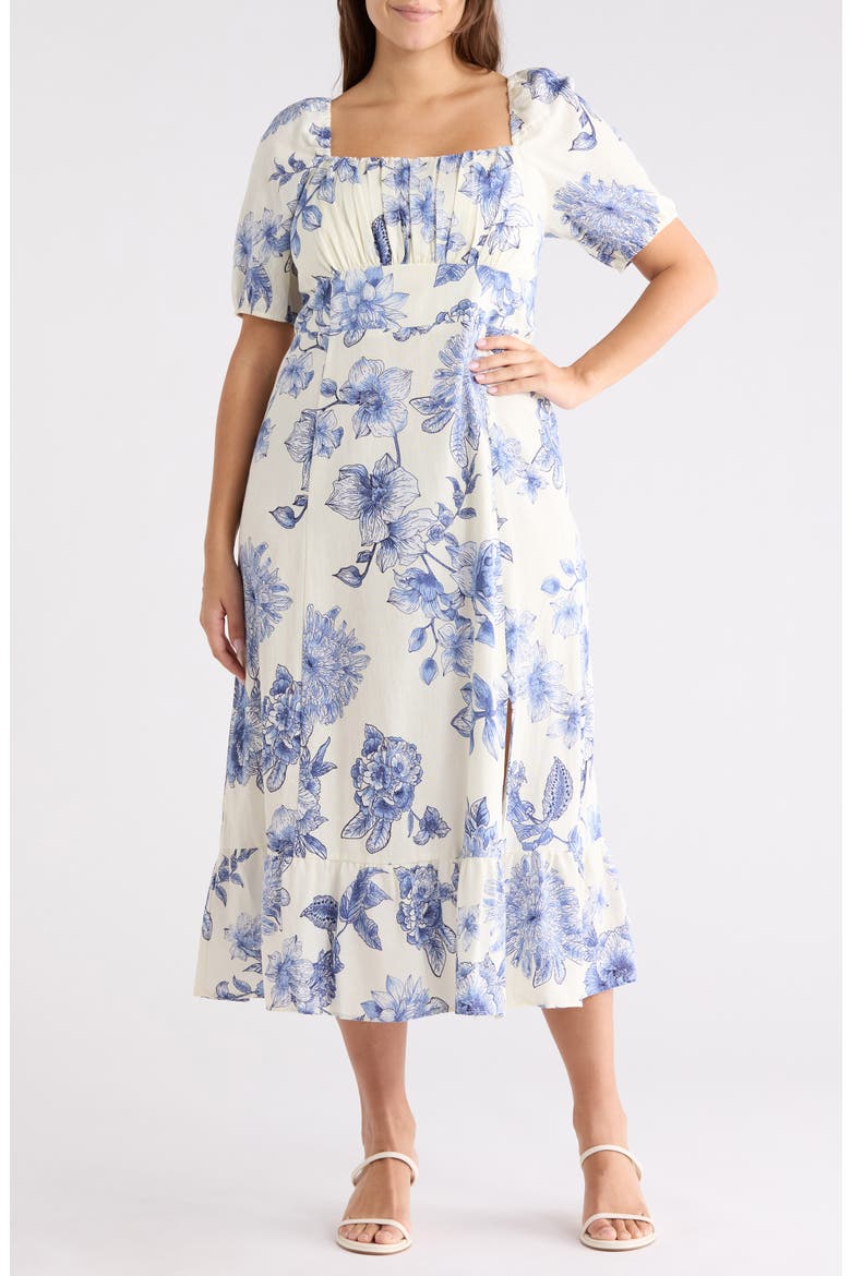 Floral Puff Sleeve Linen Blend Midi Dress, Main, color, WHITE/ BLUE