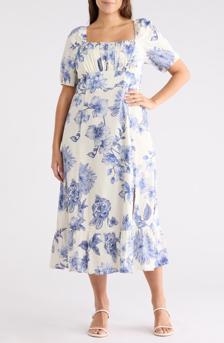 London Times Floral Puff Sleeve Linen Blend Midi Dress, Main, color, White/ Blue