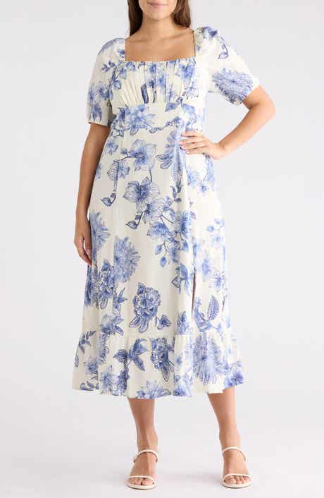 London Times Floral Puff Sleeve Linen Blend Midi Dress