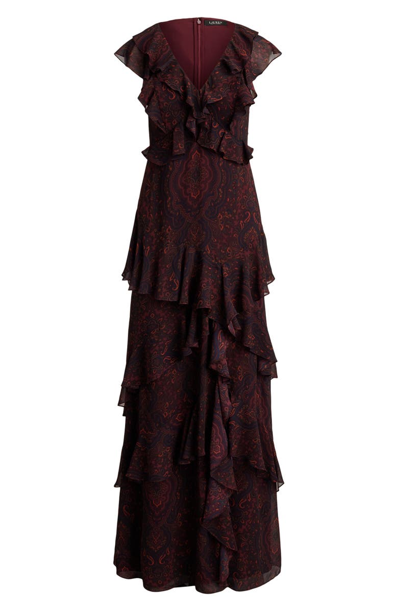 Lauren Ralph Lauren Paisley Tiered Ruffle Trim Gown, Alternate, color, Dark Garnet Multi