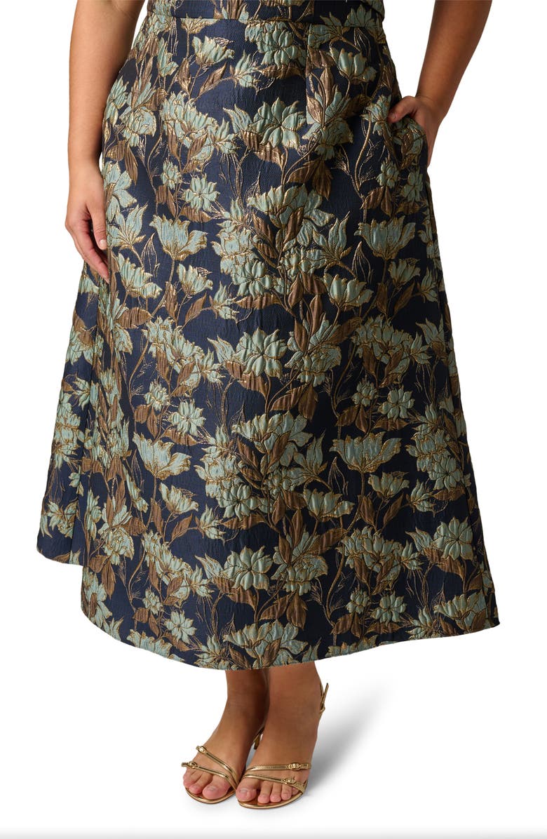 Adrianna Papell Metallic Floral Jacquard Off the Shoulder Gown, Alternate, color, Navy/ Teal Multi