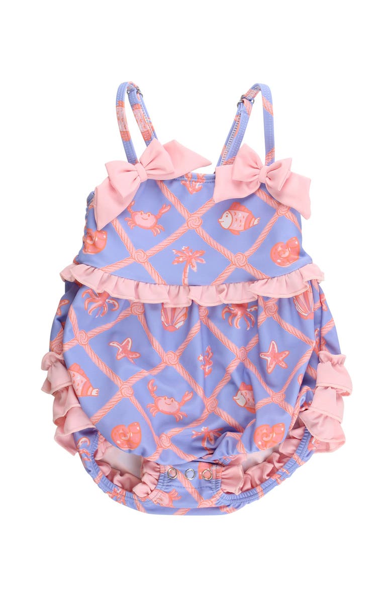 RuffleButts UPF50+ One Piece Bow Bubble Romper Swimsuit, Main, color, Tropical Trellis