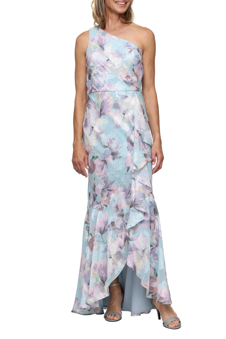 One-Shoulder Floral Print Burnout Chiffon Gown, Main, color, BLUE/ MULTI