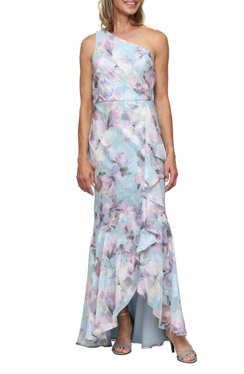 One-Shoulder Floral Print Burnout Chiffon Gown