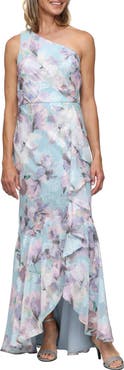 Alex Evenings One-Shoulder Floral Print Burnout Chiffon Gown