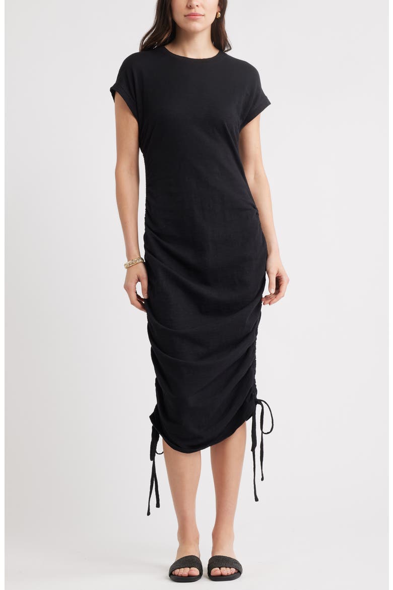 Ruched Cotton Midi T-Shirt Dress, Main, color, BLACK