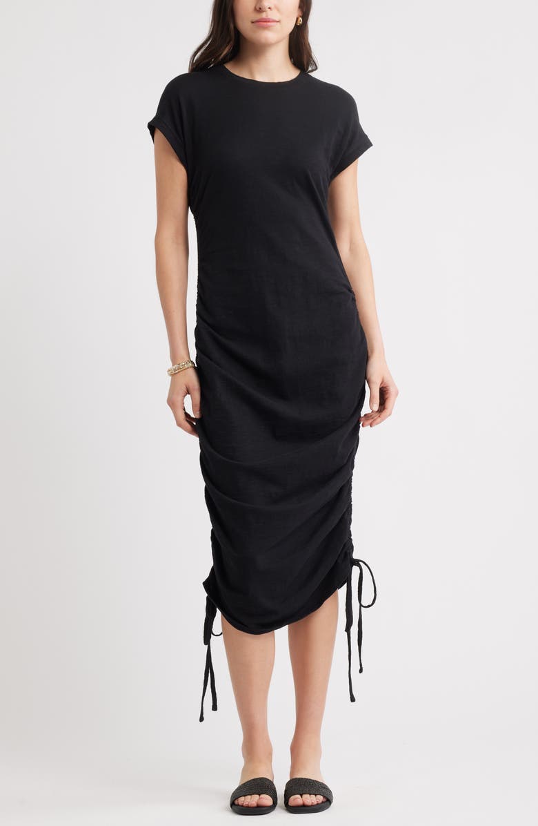 Caslon<sup>®</sup> Ruched Cotton Midi T-Shirt Dress, Main, color, Black
