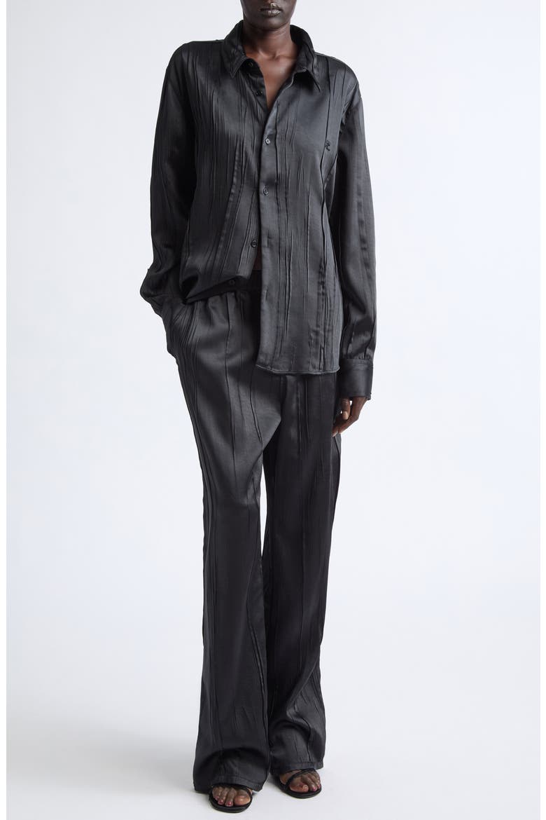 Oversize Crinkled Satin Button-Up Shirt, Alternate, color, BLACK